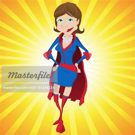 Super Woman Mother Cartoon with Yellow Background. Editable Vector Illustration