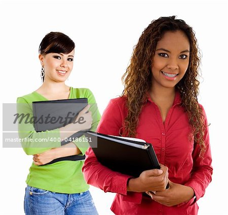 Stock image of two female students over white background