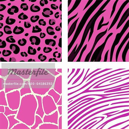 Animal print patterns of tiger, zebra, giraffe and leopard in pink color. Vector Illustration.