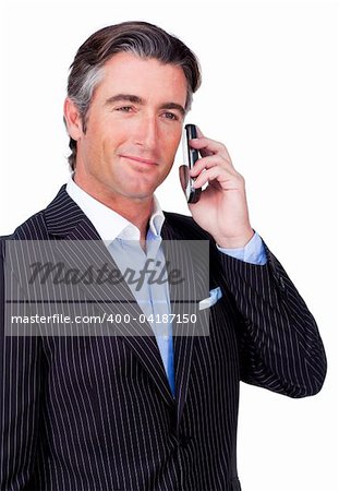 Confident businessman using a mobile phone isolated on a white background