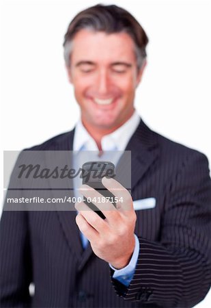 Portrait of a businessman sending a message isolated on a white background