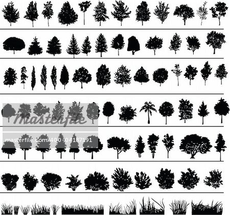 Set of silhouettes of trees, bushes and grass