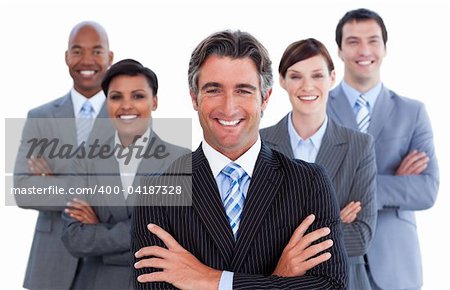 Portrait of competitive business team against a white background
