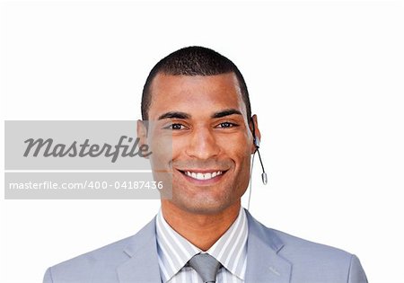 Smiling young customer service agent with headset on against a white background