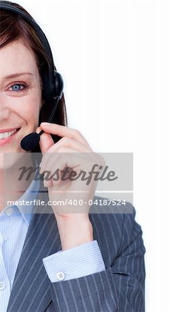 Attractive businesswoman with headset on isolated on a white background