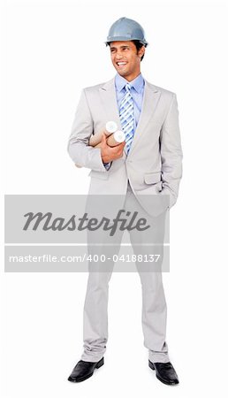 Ethnic architect wearing a hardhat against a white background