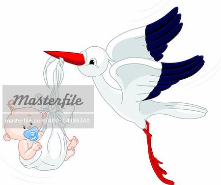 A cartoon vector illustration of a stork delivering a newborn baby boy