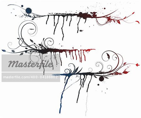 Vector illustration set of Ink splashes, strokes and stains with abstract decorative floral elements