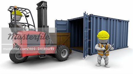 3d render of man in forklift truck loading a container