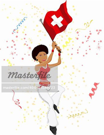 Black Girl Switzerland Soccer Fan with flag. Editable Vector Illustration