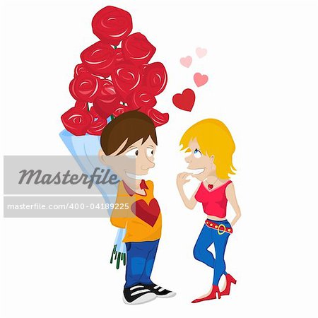 Young Couple in Love. Boy hiding flowers from girlfriend. Editable Vector Illustration