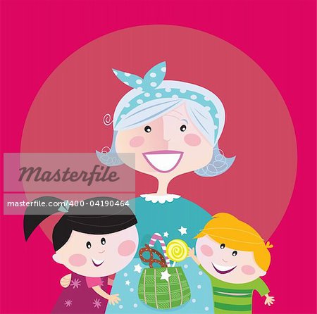 Super grandma with children - granddaughter and grandson. Boy and girl hug their granny. Boy is taking sweet candy. Stylized vector cartoon illustration.