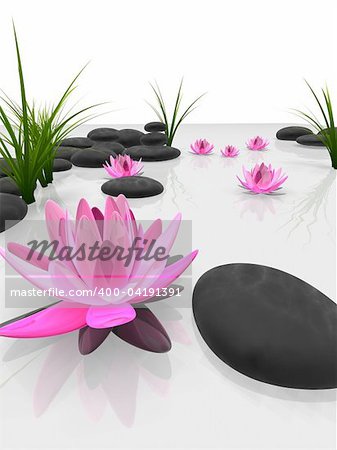 3d rendered illustration of lotus flowers, grass and stones