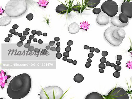 3d rendered illustration of stones grass and lotus flowers