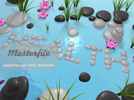 3d rendered illustration of stones grass and lotus flowers