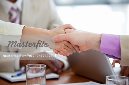 Close-up of two business people shaking hands in a meeting