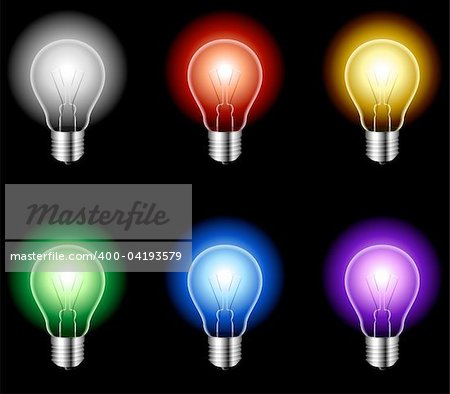 Set of 6 glowing light bulbs on black background.