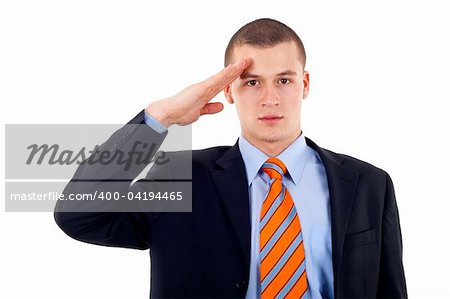 Business man gives salute isolated on white background