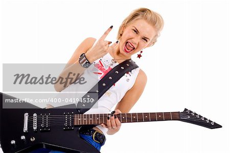blond woman playing the electric guitar with passion and making a rok and roll hand gesture