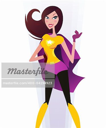 Sexy superwoman in pink costume. She is strong and powerful. Vector Illustration of sexy super woman isolated on white background.