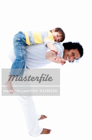 Little boy playing with his father against a white background