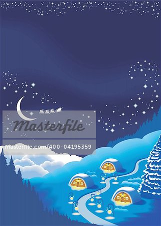 Christmas background for a holiday greeting card, long winter night with starry sky, vector illustration