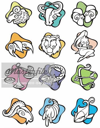 Set of 12 Zodiac signs, cartoon style, vector illustration