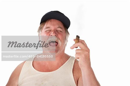 Big man with cigar and hat laughing loudly