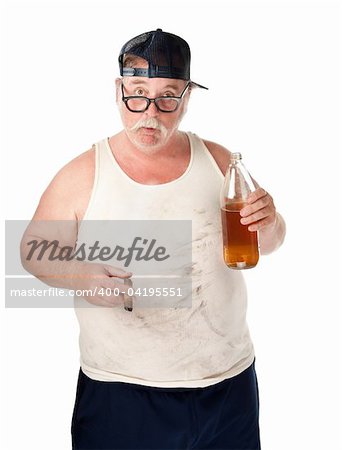 Fat man with drooping glasses a beer and cigar