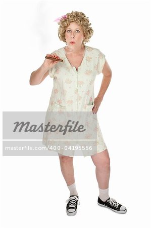 Housewife on white background smoking a cigar