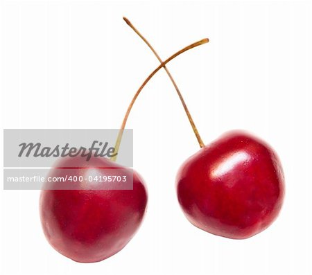 Two sweet ripe cherries are isolated on the white