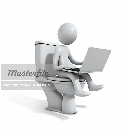 Men sitting on the Toilet. There is a white Laptop in his hand. He is working.  Three-dimensional,  isolated on white