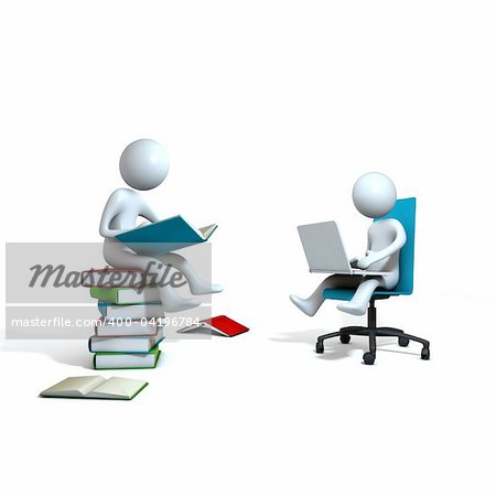 World of books and IT. Man is sitting at the blue chair with laptop and another is on the books with a book.  Three-dimensional,  isolated on white
