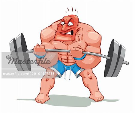 Muscle man, funny cartoon and vector character. Object isolated.