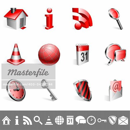 Set of 12 red and silver icons.