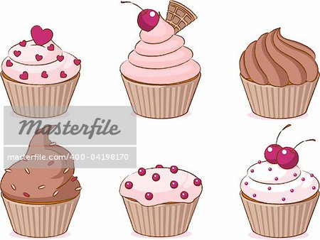 Vector illustration of six pink various cupcakes