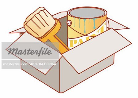 illustration drawing of brush and paint can in a paper box