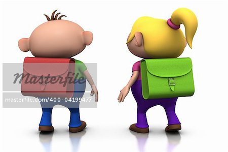 cute cartoony boy and girl with schoolbags on their back walking away - back to school concept - 3d rendering/illustration