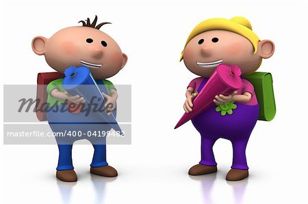 cute boy and girl with candy filled cones in their hand and big smiles on their face - german first day of school tradition - 3d rendering/illustration