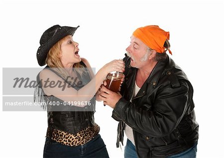 Gang member couple wrestling over a beer bottle