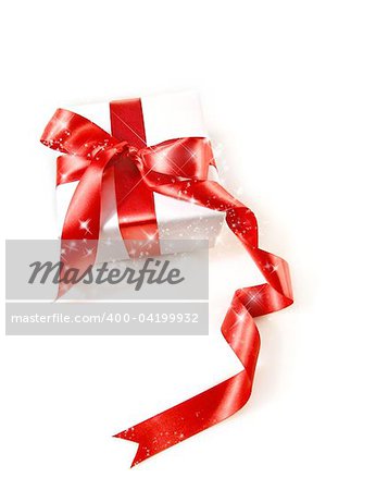 Gift box wrapped with red satin ribbon on white