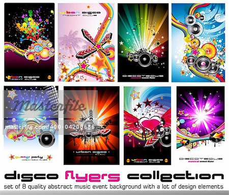 Set of 8 Quality Colorful Background for Discoteque Event Flyers with music design elements