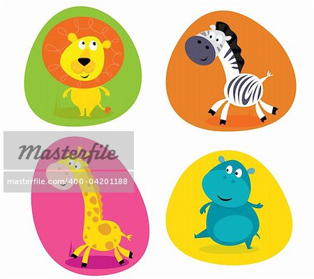 Vector Illustration of four cute wild animals buttons - lion, zebra, giraffe and hippo