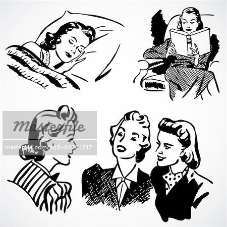 Vintage vector advertising illustrations of women at home.