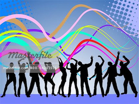 vector eps illustration of dancing people silhouettes on a disco background