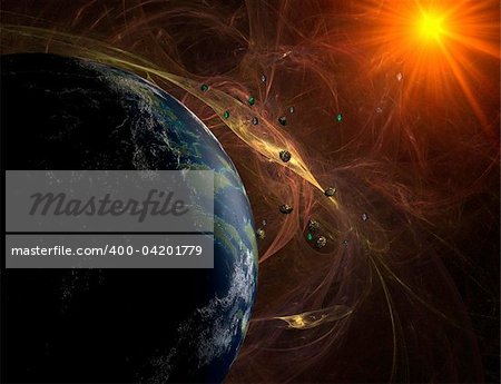 Red nebula with closeup view on planet and sun with asteroids