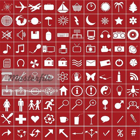 100 white web icons on red background