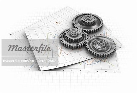 abstract 3d illustration of diagram paper sheets with gear wheels