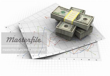 3d illustration of business diagrams and money stack over white background