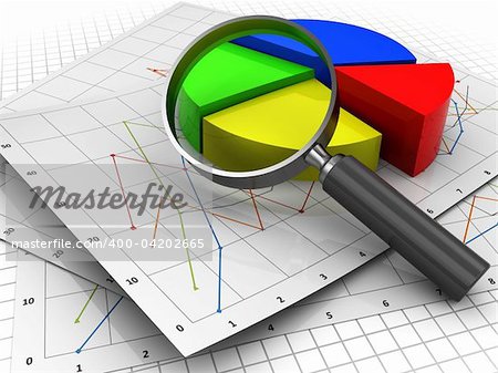 3d illustration of diagrams and magnify glass, business analizing concept